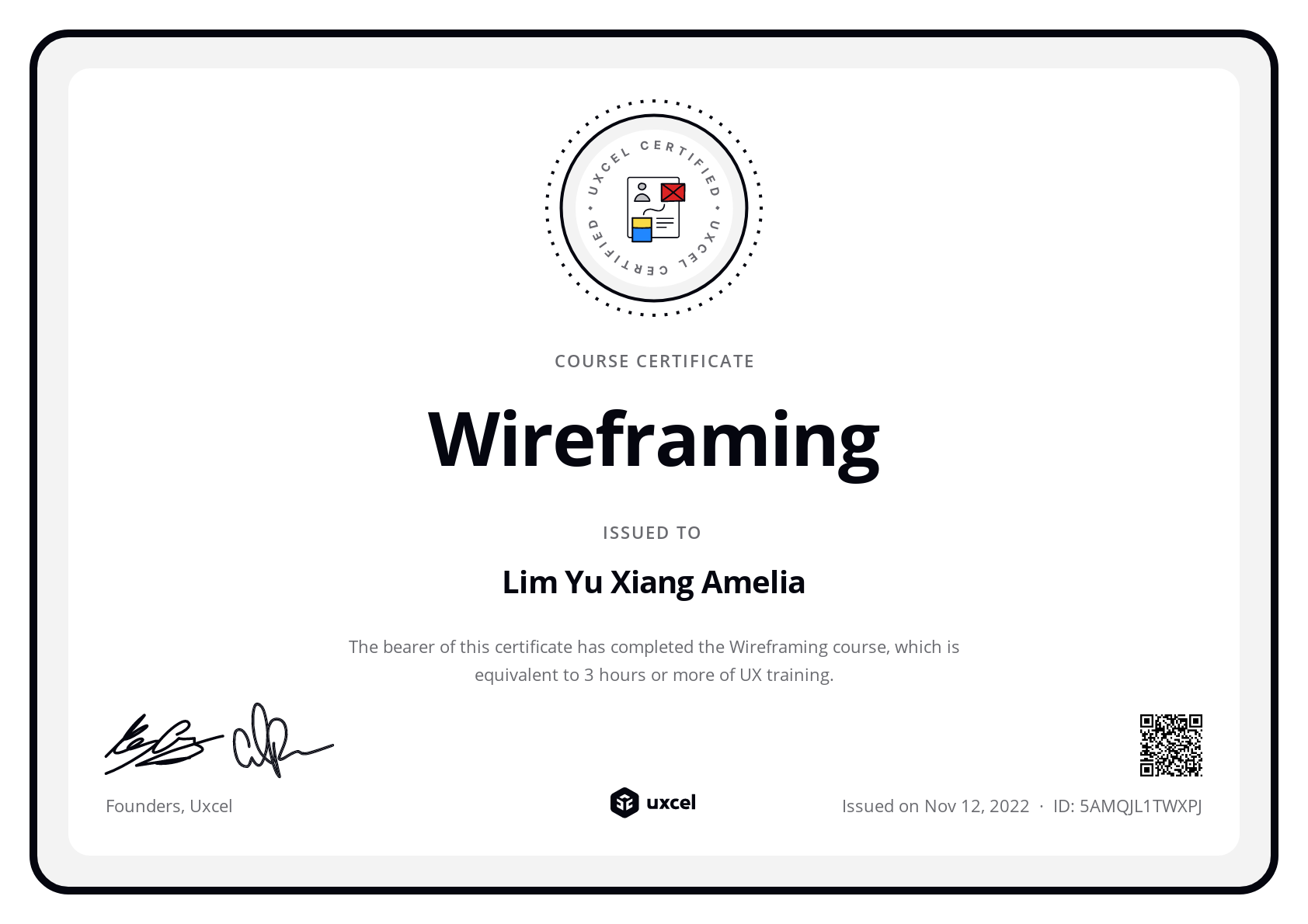 Lim Yu Xiang Amelia's certificate